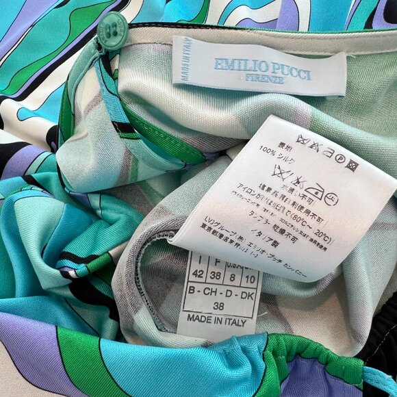 EMILIO PUCCI BLUE MULTI SILK FAUX WRAP ENAMEL BUCKLE DRESS MODEL 72RH25 SIZE IT - Picture 17 of 17